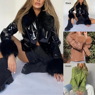 Cropped Casual Single-breasted Design Fashion Jacket Coats Leather Shiny Sexy Soft Fabric Furry Collar Autumn Winter