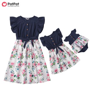 PatPatMosaic Mommy and Me Cotton Floral Bow knot Flutter-sleeve Dress Romper for Mom - Girl - Baby