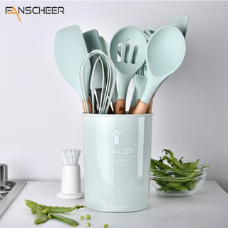 9 pcs set of silicone kitchenware with wooden handle and plastic drum