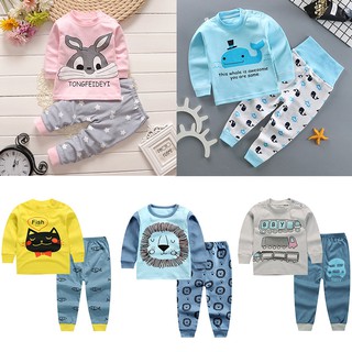 2Pcs Baby Boys Girls Sleepwear Set Kids Long Sleeve Cartoon Tops+Pants Pajama Set Nightwear