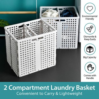 ★IMP HOUSE★ Laundry Basket Hamper with 2 Compartments Partition and Handle Big Capacity Easy to Carry Design White Grey
