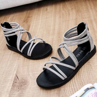 PU Leather Sandals Women Flat Shoes Lace Up Strappy Shoes Summer Beach