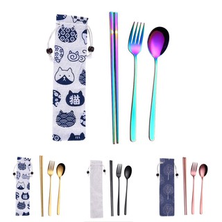 4pcs 304 stainless steel cutlery portable chopsticks spoon fork straw bag set