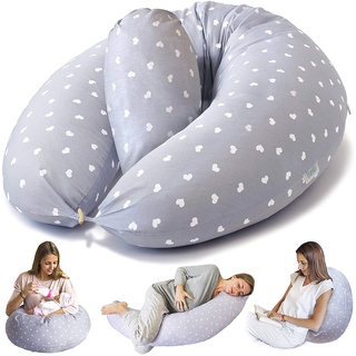 Bamibi® Pregnancy Pillow and Nursing Pillow - Multifunctional Full Body Support Maternity Pillow for Sleeping and Breastfeeding Baby with Removable 100% Cotton Cover Plus Inner Cushion (Grey - Hearts)