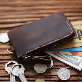 Men's Short Genuine Leather Zipper Small Wallet Crazy Horse Coin Purse First Layer Cowhide Key Case Support Customized Gift logo Lettering