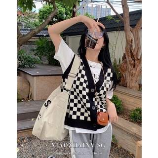 Xiaozhainv 3 color Women Korean ins Retro Checkerboard Loose All Match sleeveless knit Cardigan Vest