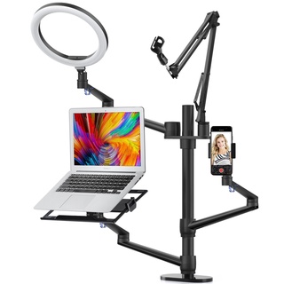 Selfie Desktop Live Stand Set 6-in-1 Studio Stand 10" LED Ring Light Microphone Mount competiable with 12-17" laptop/17-32'' monitor/7-13 Tablet/3.5-6.7" Phone/Digital Camera DSLR