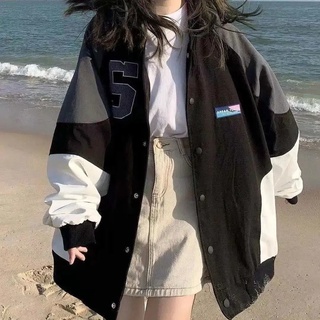 Top Korean Style Color Matching Hong Kong Style Coat Girls' Autumn and Winter New Retro Loose Versatile Baseball Uniform Jacket Workwear Tops