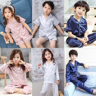 2Pcs/Set Boys Girl Silk Pajamas Baby Kids Long/Short Sleeve Sleepwear Nightwear