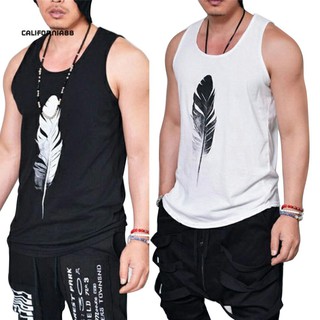 Cali☆Feather Print Men Sleeveless Tank Top Gym Singlet Fitness Sport Vest