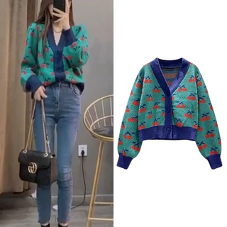 Thick Knitted Cardigan Jacket Female Short Spring And Autumn Sweet Cherry Print
