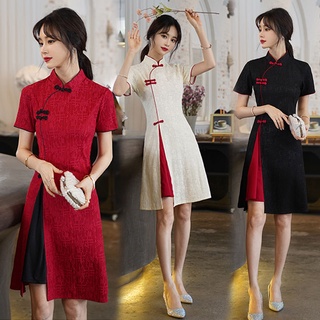 Cheongsam Dress Summer Short Sleeve Slim A Line Elegant Lace Plus Size Women Vintage Dresses