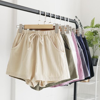 Women's casual elastic waist comfortable cotton linen high waist ladies loose beach shorts (1)