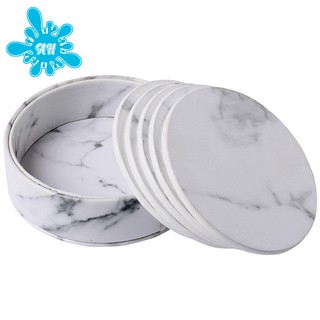 6 Pcs Coasters Marble Pu Leather Round Heat Insulation Coasters