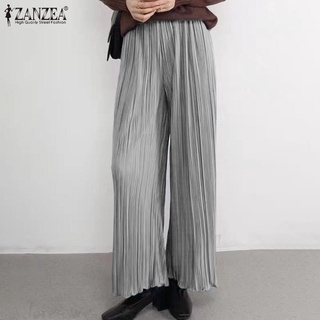 ZANZEA Women Casual Wide Legged Solid Elastic Waist Pleated Long Pants
