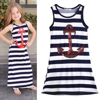littlekids Navy Blue Kids Girls Red Sequins Anchor Maxi Stripes Dress Summer