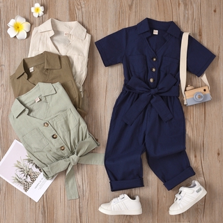 Boys and Girls Solid Color Western Collar Short Sleeve Single-Breasted Belt One-Piece Trousers Belt