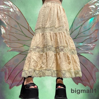 BIGMALL-Women Spring Summer Casual Skirt, High Waist Floral Lace Patchwork Loose Long Skirt
