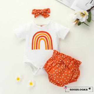 HGL♪0-24M Newborn Infant Baby Girls Clothes Sets 3pcs/set Rainbow Print Short Sleeve Romper+Shorts + Headband (1)