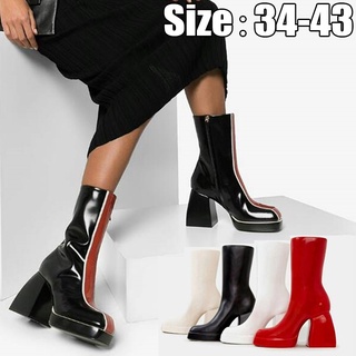 Women's Fashion Square Toe Waterproof Platform Thick Heel Color Block Short Boots