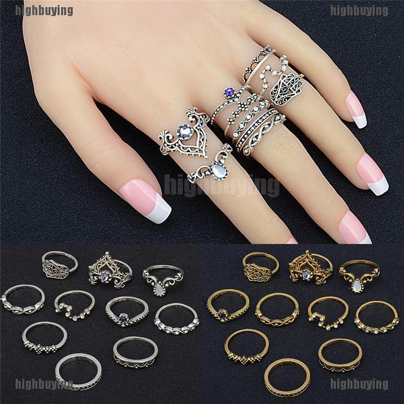 10 Pcs Bohemian Vintage Ring Set Charm Hollow Geometric Fatima Hand Jewelry Set