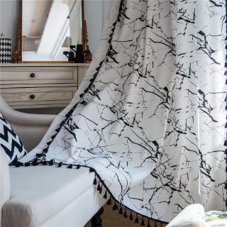 White Marble Curtains with Tassel Cotton Linen Semi Sheer Curtains for Living Room Home Decorative