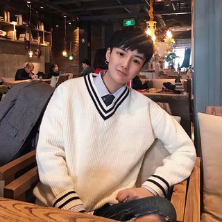 Sweater 2 Colors Spring Autumn New Style Korean Loose V-Neck Striped Contrast Color British Preppy Knitted Japanese Fresh Student All