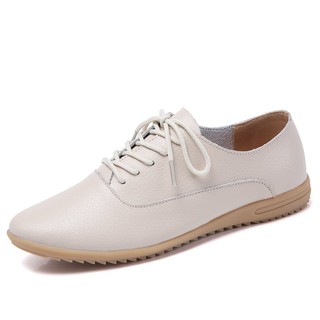 Size 35-41 Women's Casual Flat Shoes British Cow Leather Oxfords Beige