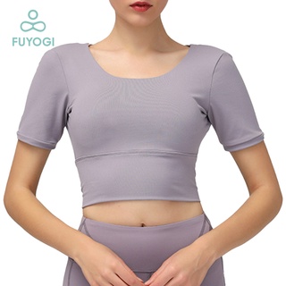 FUYOGI Yoga T-shirt Sports Top New Style Short-sleeved T-shirt With Chest Pad And Beautiful Back Women'S Yoga Clothes Nude Sense Stretch Elastic Slim-fit Sports Top Women'S Fitness Clothes S-l Five-color Optional