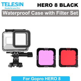 TELESIN Gopro Hero 8 40M Underwater Housing Case + Red Purple Filter Cover Set