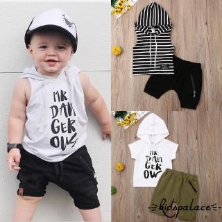 ➤♕❀❤Toddler Baby Boy Clothes Sleeveless Hooded Stripe Top shirt Shorts Summer Outfit