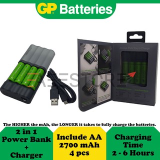 [Shop Malaysia] GP X411 2 IN 1 ( USB Charger / Portable PowerBank ) include 4pcs AA Recyko+ Rechargeable Battery 2600mAh