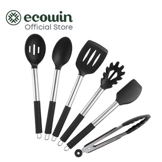 Ecowin Silicone Cooking Utensil Turner Spatula Set 6pcs Stainless Steel Heat Resistant Kitchen Tools Non-stick Cookware Black