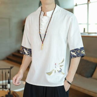M-5XL Chinese Style Linen Short Sleeve Shirt CNY Crane Embroidery T-shirt Men's Tang Suit Plus Size T Shirt Tops Men