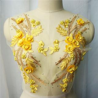 2Pcs Yellow Embroidery Pearl Lace Applique Flower Mesh Net Trim Fabric Collar Wedding Gown DIY
