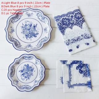 1Set Blue White Porcelain Paper Plates Floral Party Picnic Wedding Birthday Children Disposable Tableware