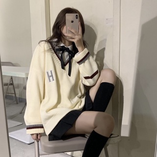 varsity v neck japanese school girl oversize ulzzang sweater pullover long sleeve