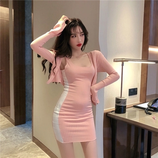 Women's Two-Piece Western Style Ageing Suit2020Autumn New Fashion Long Sleeve Knitwear Suspender Dress for Women