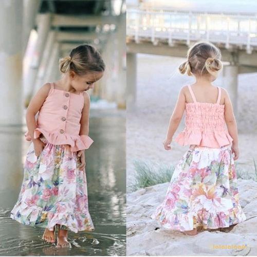 ALA-2Pcs Toddler Baby Girls Clothes Suspenders T-shirt Tops +Floral Skirt Set