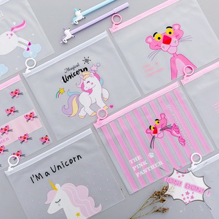 2pcs transparent girl ring file bag, creative unicorn Stationery bags,Pink Panther