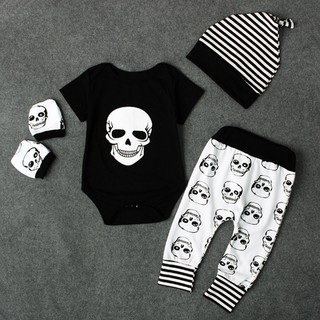4pcs Newborn Infant Toddler Skeleton Romper+Pants+Striped Hat+Gloves